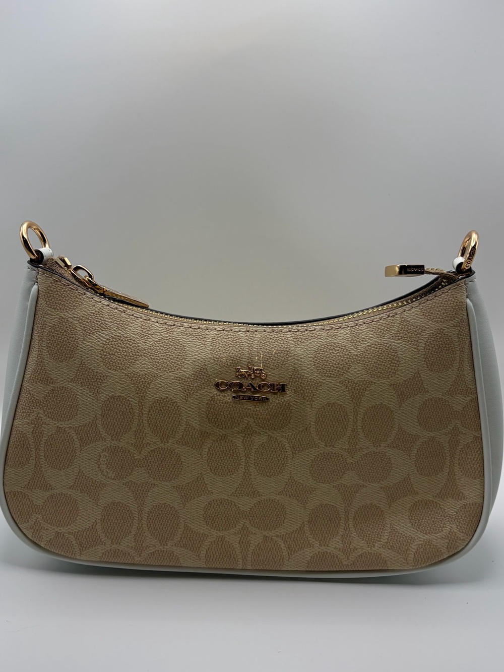 Coach Beige Signature Canvas Shoulder Bag with White Trim
